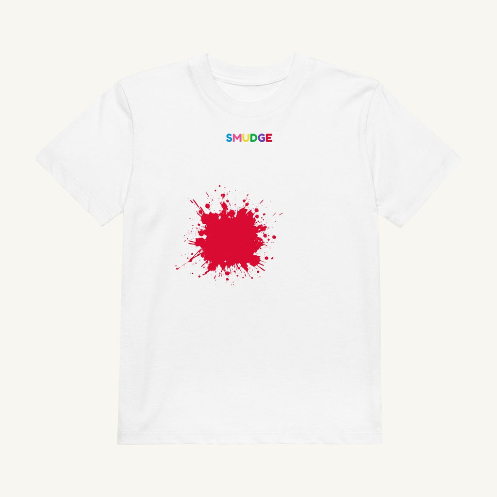 White organic kids' T-shirt with the Front & Back Red design, front view
