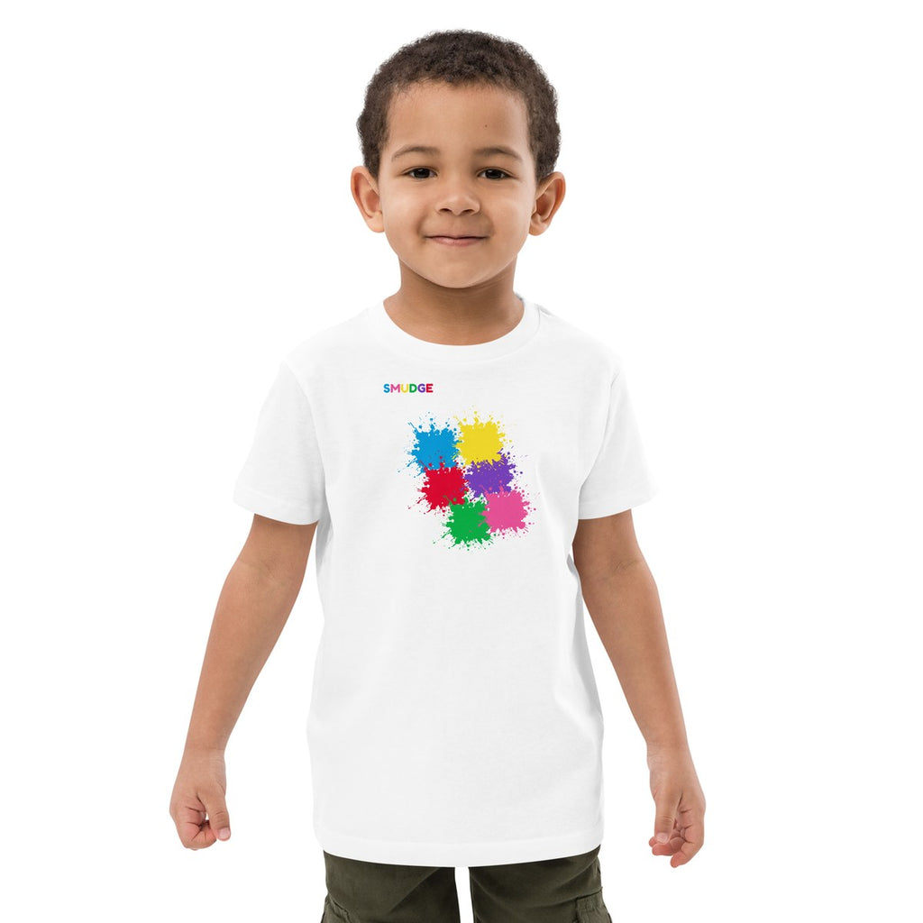 Child wearing the Off-Centre Cluster organic kids' T-shirt, front view