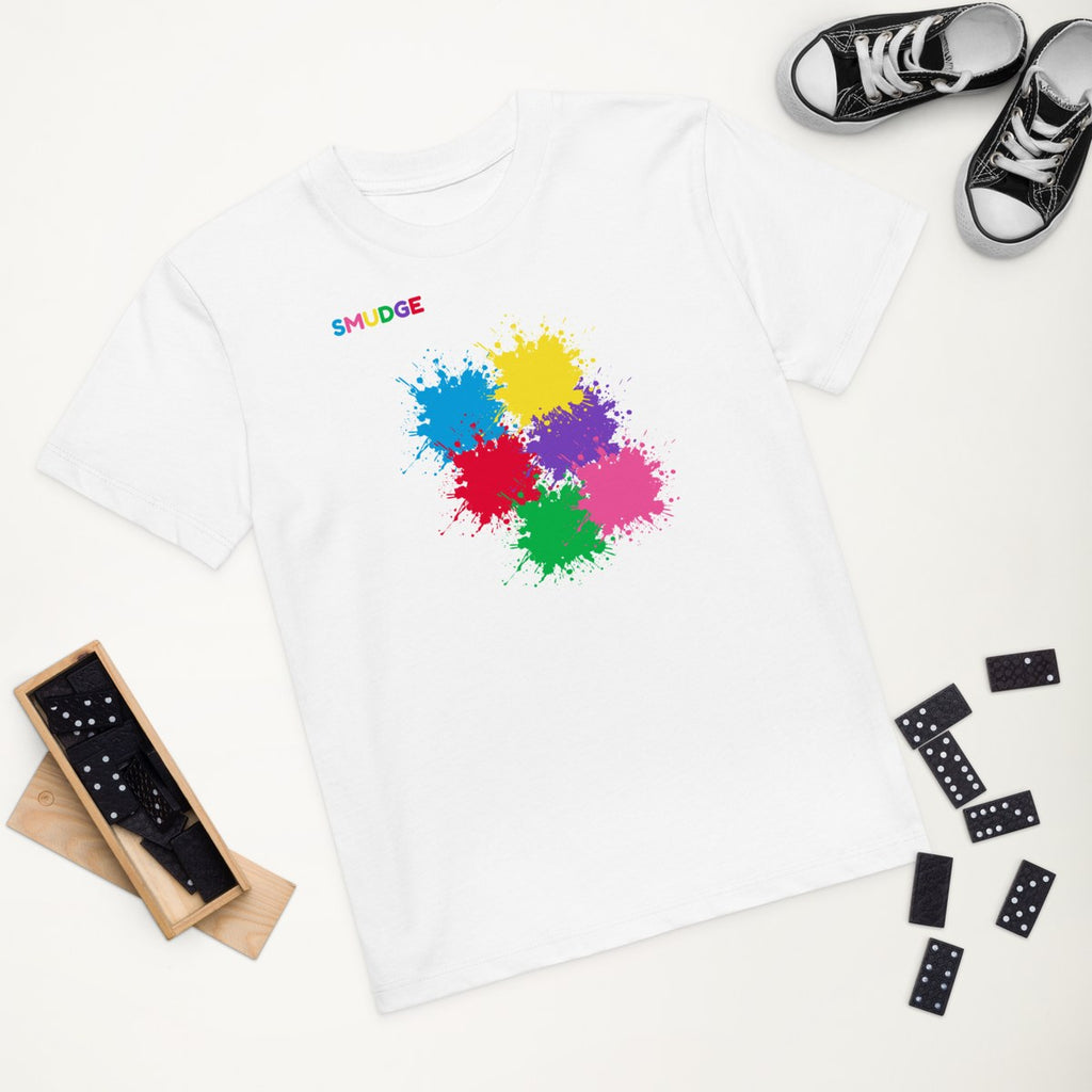 White organic kids' T-shirt with the Off-Centre Cluster design, styled flat lay