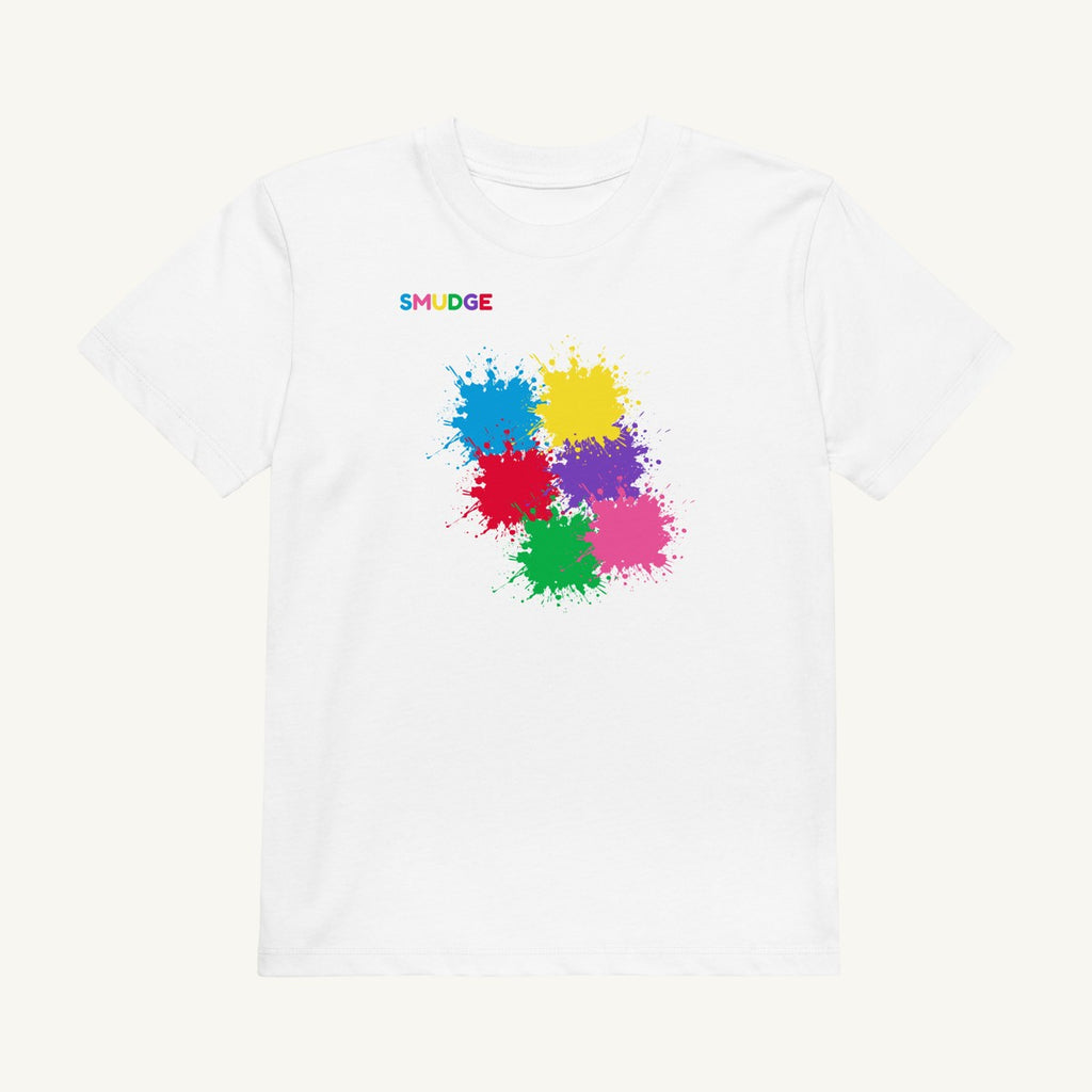 White organic kids' T-shirt with the Off-Centre Cluster design, front view