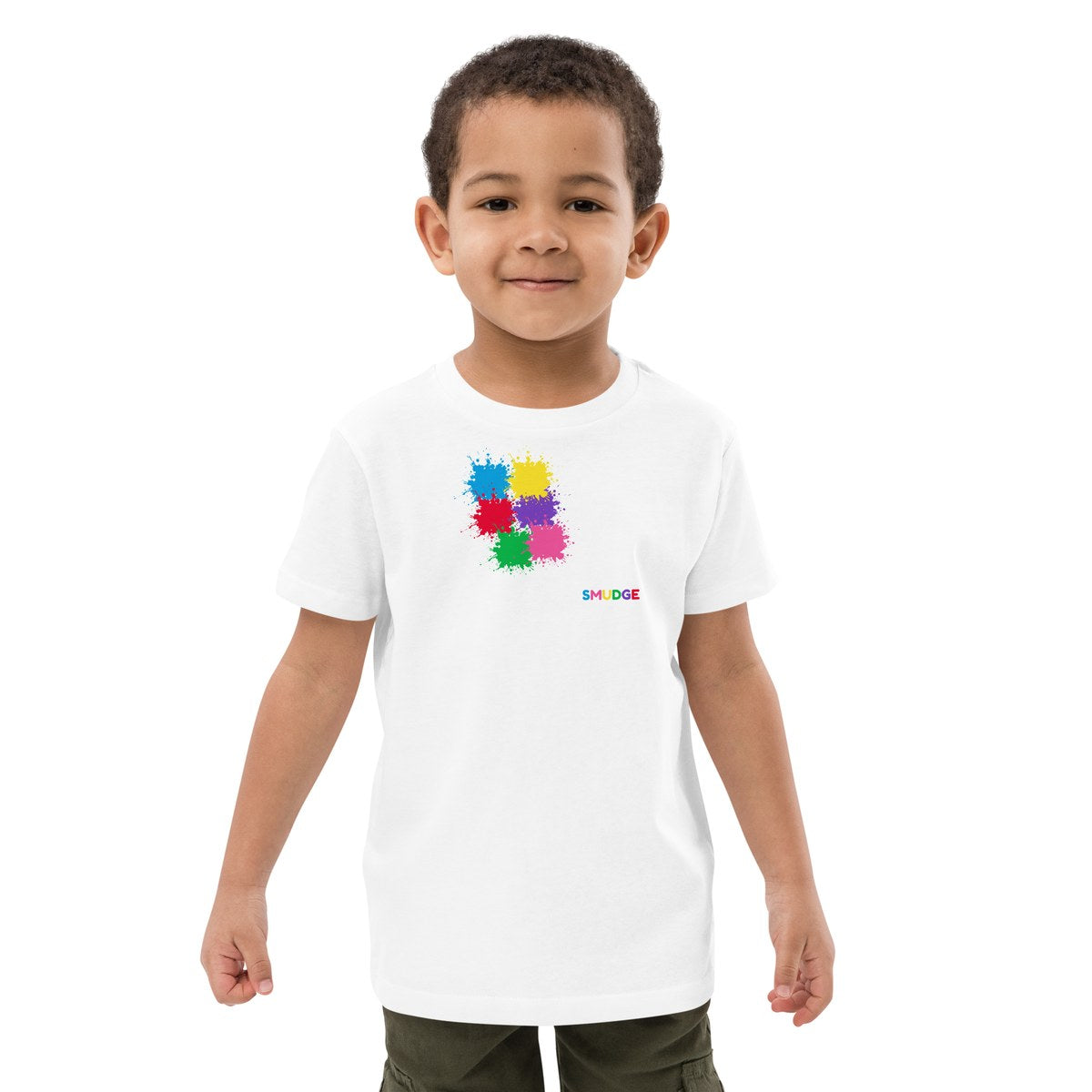 Child wearing the Over the Shoulder organic kids' T-shirt, front view
