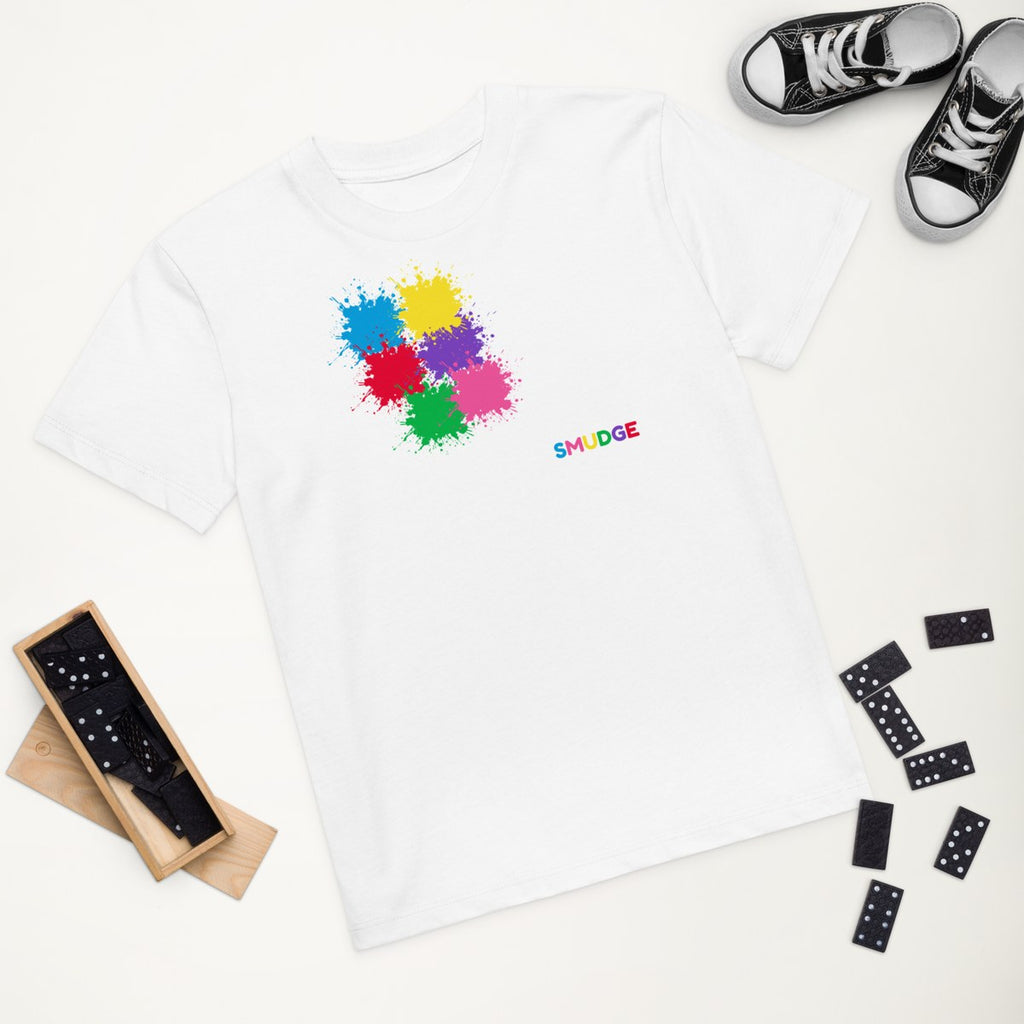 White organic kids' T-shirt with the Over the Shoulder design, styled flat lay