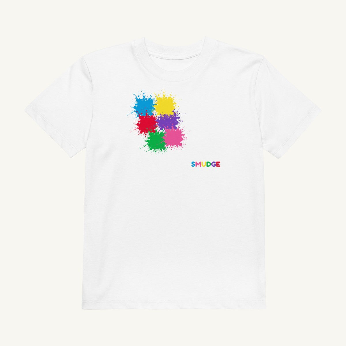 White organic kids' T-shirt with the Over the Shoulder design, front view