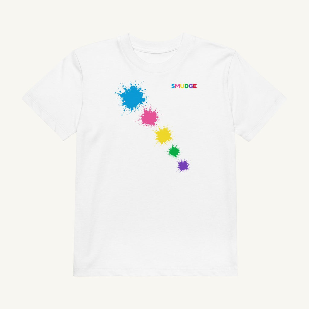 White organic kids' T-shirt with the Shoulder Trail design, front view