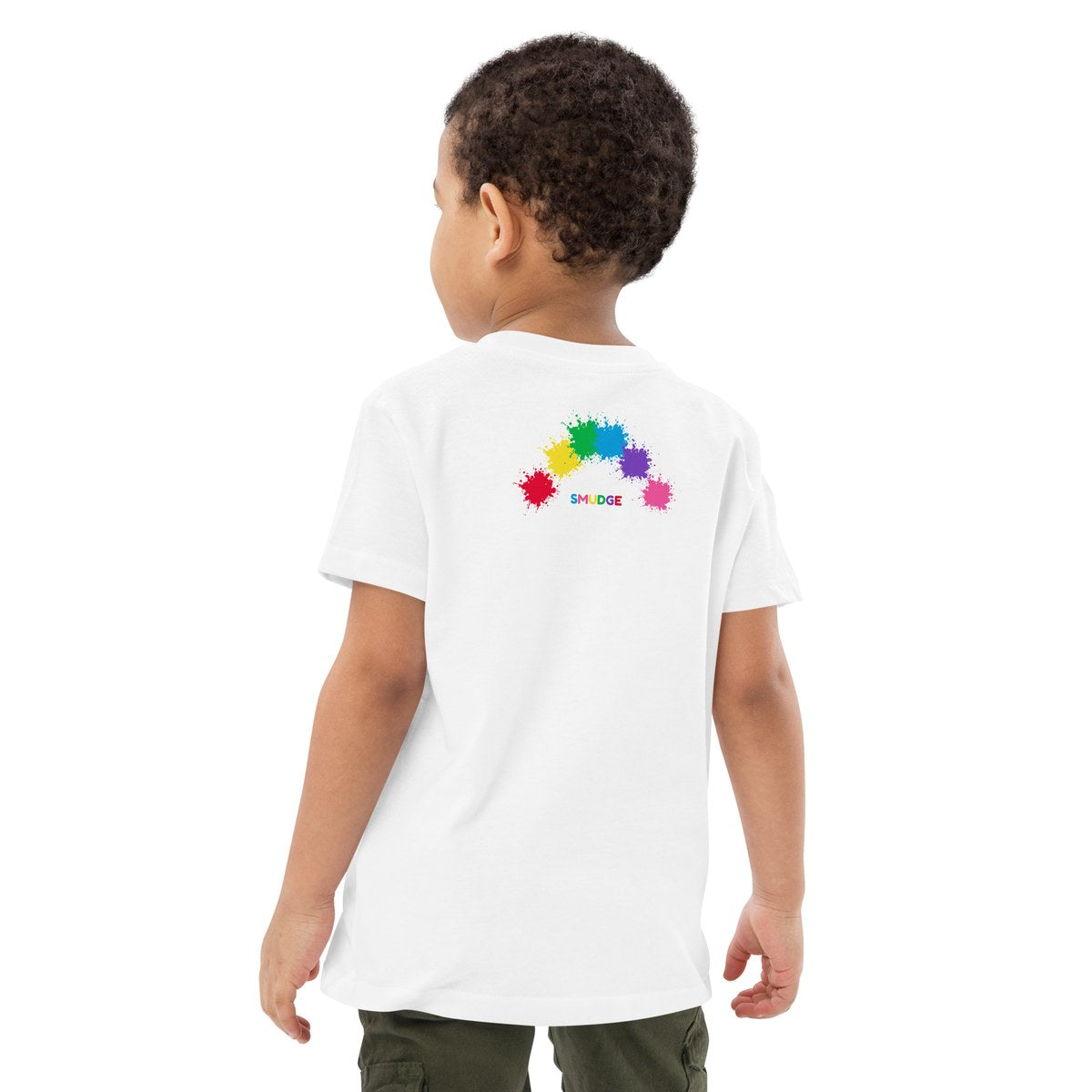 Child wearing the Back Rainbow Arc organic kids' T-shirt, back view