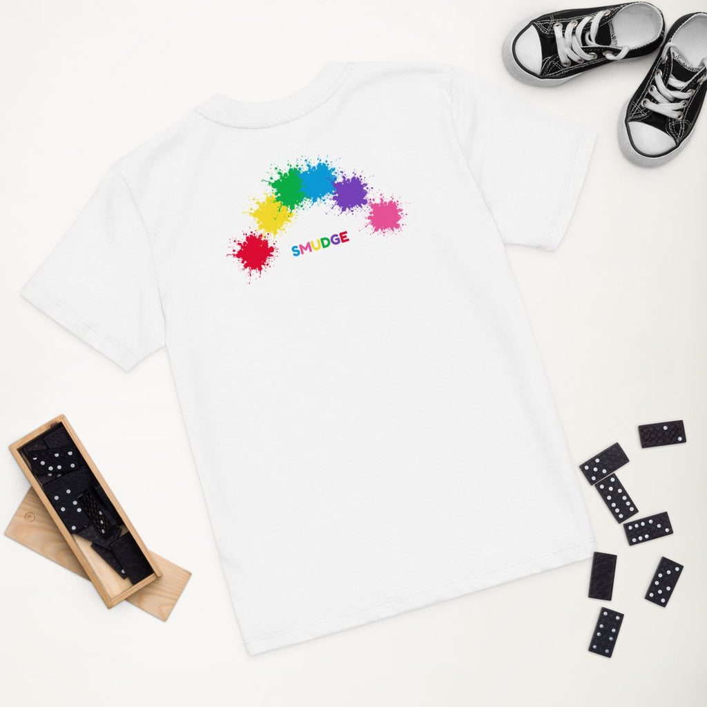 White organic kids' T-shirt with the Back Rainbow Arc design, styled flat lay
