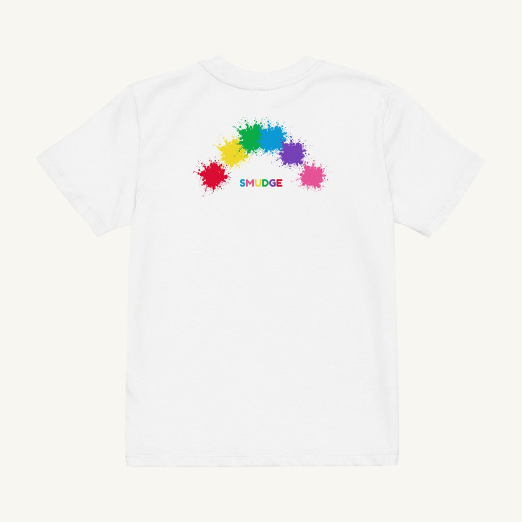 White organic kids' T-shirt with the Back Rainbow Arc design, back view