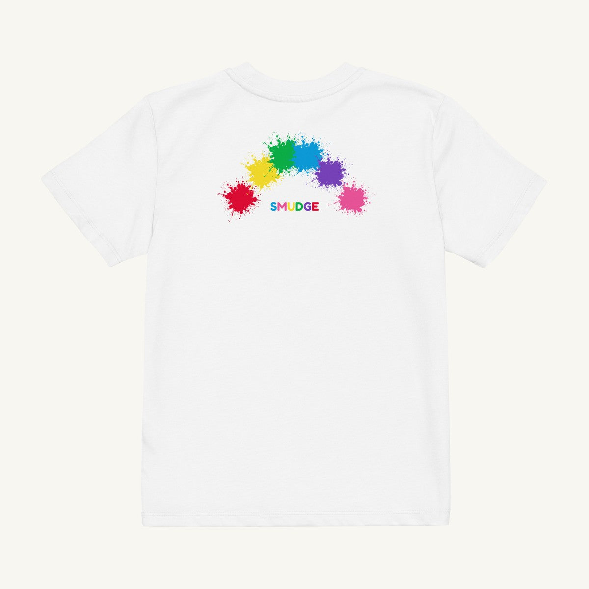 White organic kids' T-shirt with the Back Rainbow Arc design, back view