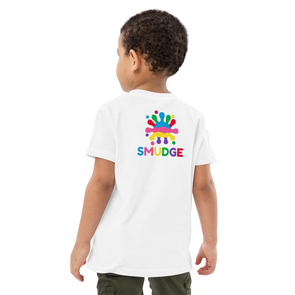 Child wearing the Big Back Lockup organic kids' T-shirt, back view