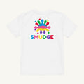White organic kids' T-shirt with the Big Back Lockup design, back view
