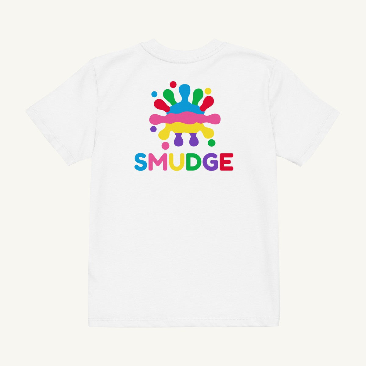 White organic kids' T-shirt with the Big Back Lockup design, back view