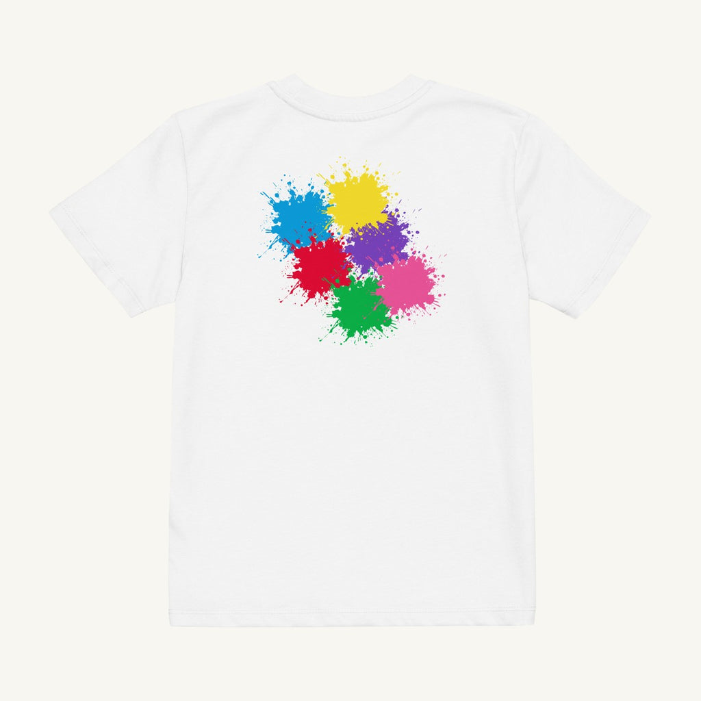 White organic kids' T-shirt with the Lockup & Back Cluster design, back view