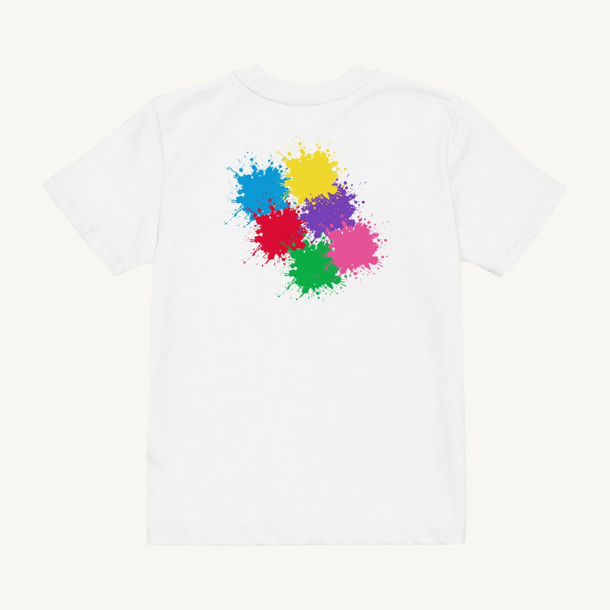 White organic kids' T-shirt with the Lockup & Back Cluster design, back view