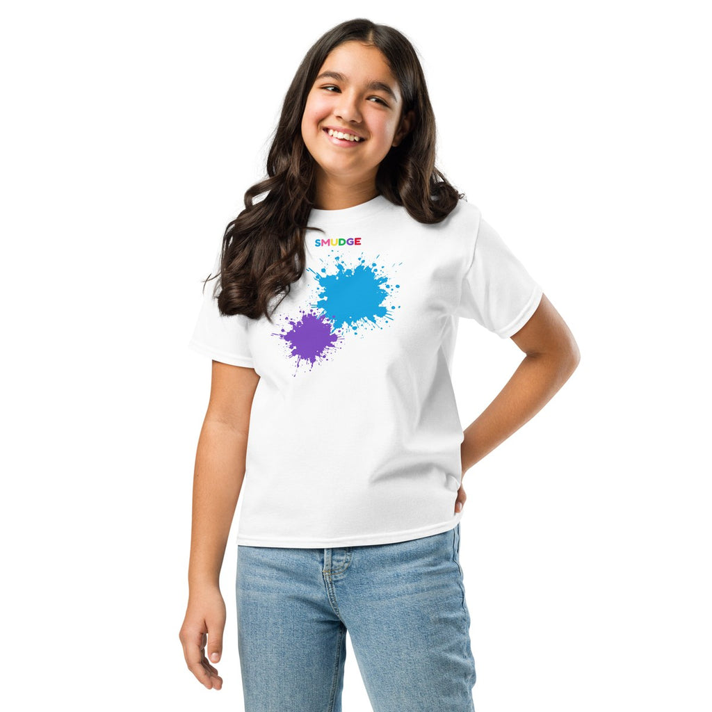 Child wearing the Cyan & Purple Front Pair youth T-shirt, front view