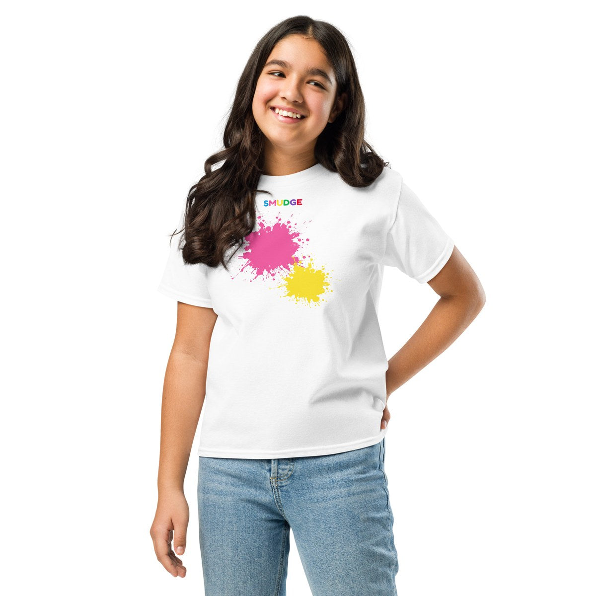 Child wearing the Pink & Yellow Front Pair youth T-shirt, front view