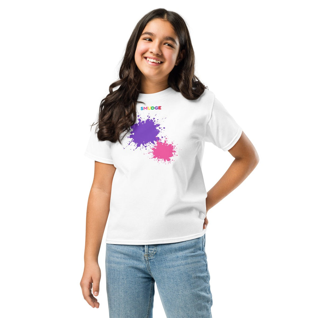 Child wearing the Purple & Pink Front Pair youth T-shirt, front view