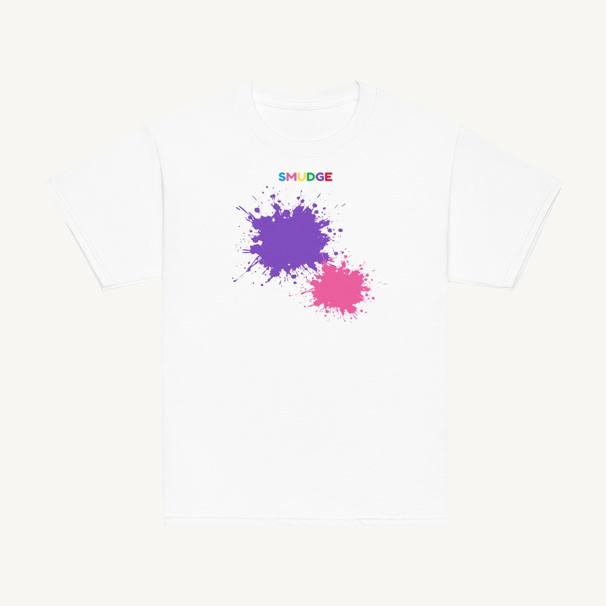 White youth T-shirt with the Purple & Pink Front Pair design, front view