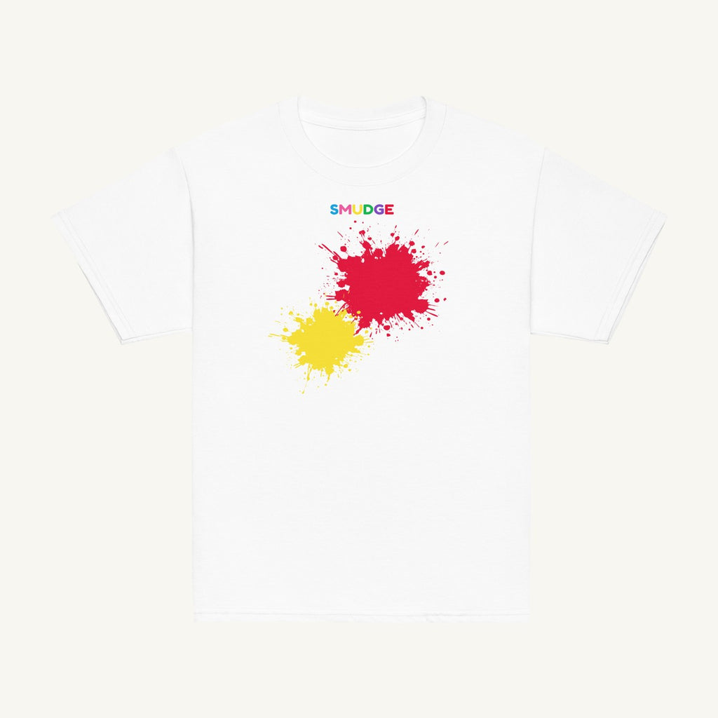 White youth T-shirt with the Red & Yellow Front Pair design, front view