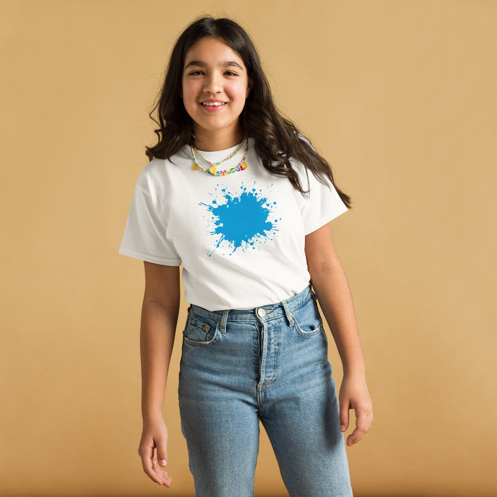Child wearing the Cyan Splash youth T-shirt, front view