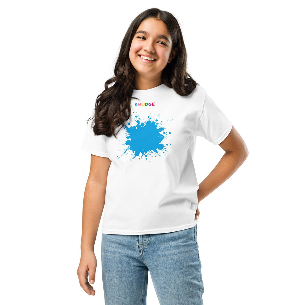 Child wearing the Cyan Splash youth T-shirt, front view