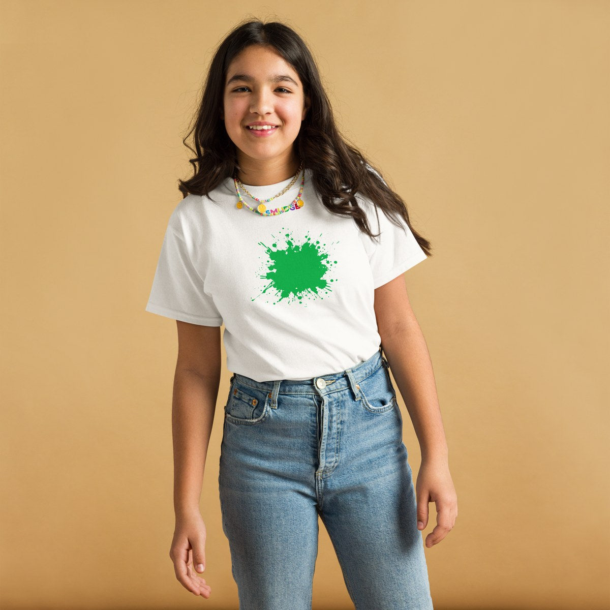 Child wearing the Green Splash youth T-shirt, front view