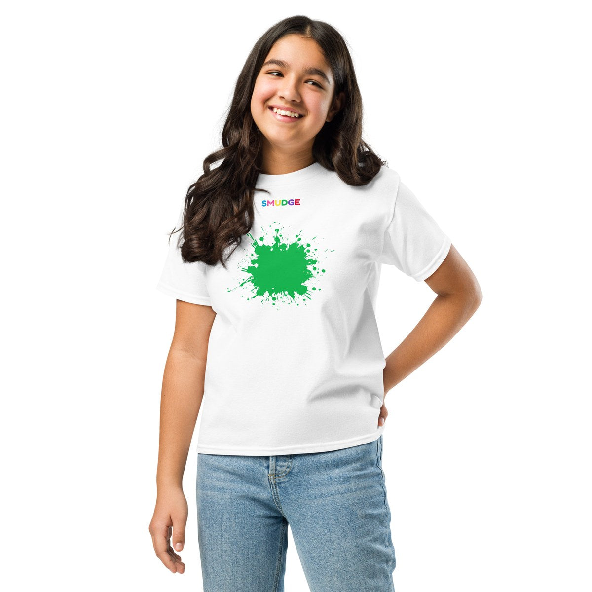 Child wearing the Green Splash youth T-shirt, front view
