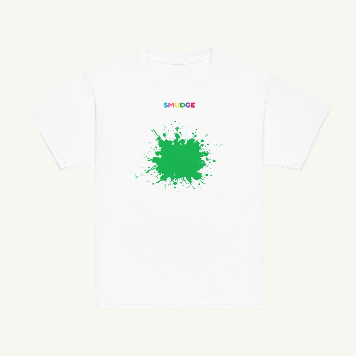 White youth T-shirt with the Green Splash design, front view