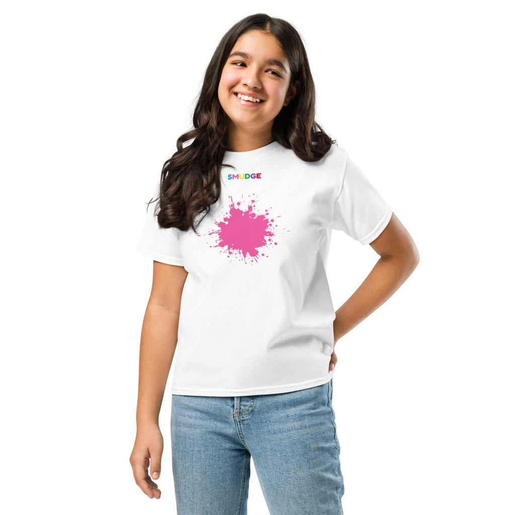 Child wearing the Pink Splash youth T-shirt, front view