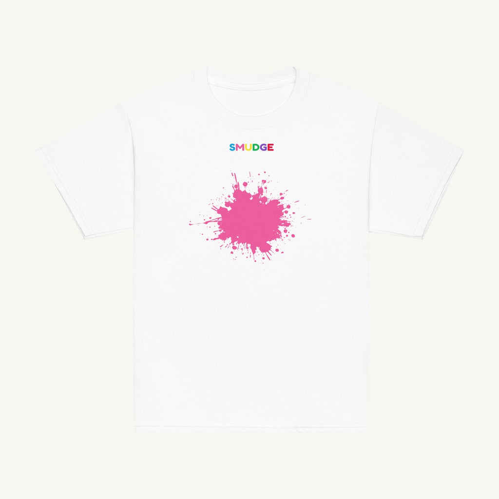 White youth T-shirt with the Pink Splash design, front view