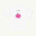 White youth T-shirt with the Pink Splash design, front view