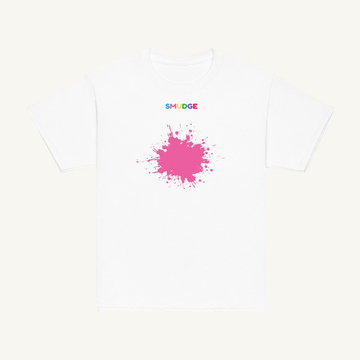 White youth T-shirt with the Pink Splash design, front view