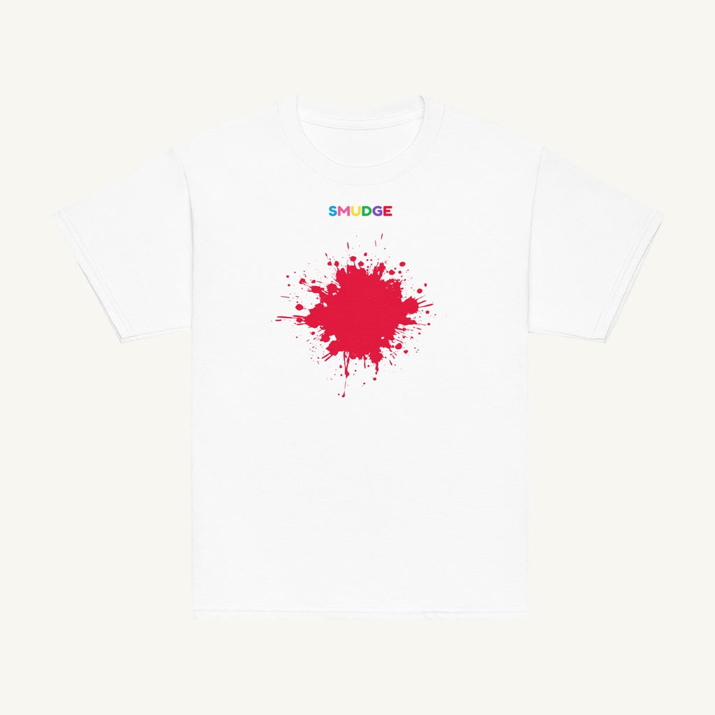 White youth T-shirt with the Red Splash design, front view