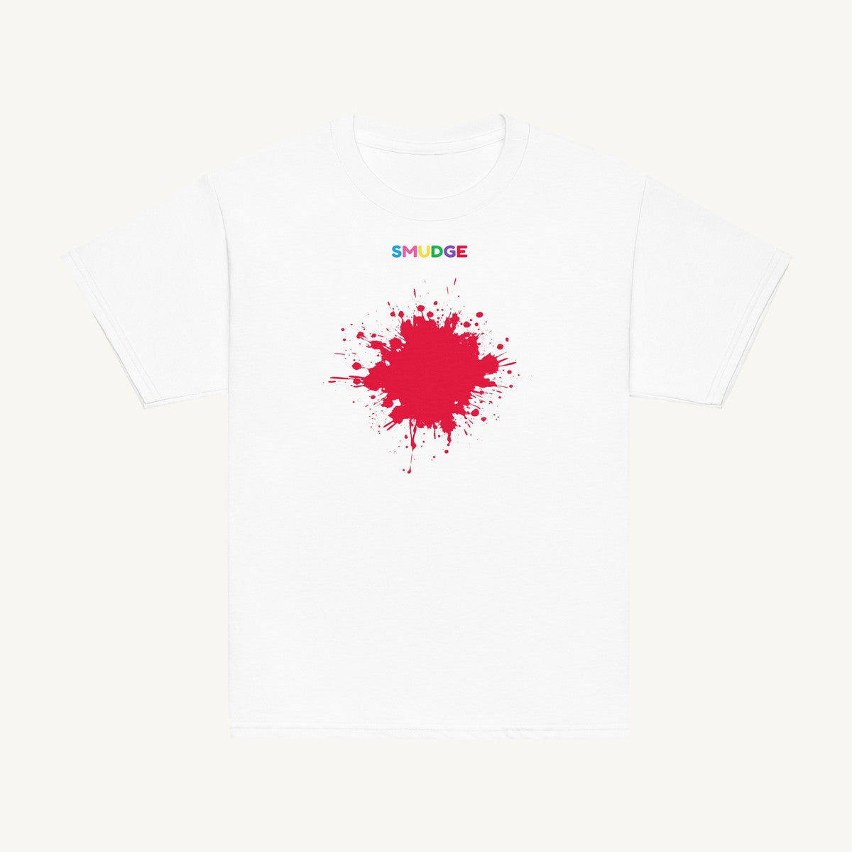 White youth T-shirt with the Red Splash design, front view