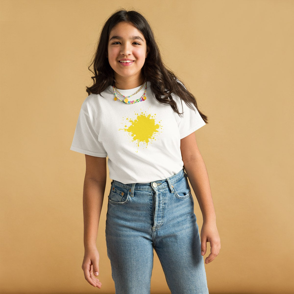Child wearing the Yellow Splash youth T-shirt, front view