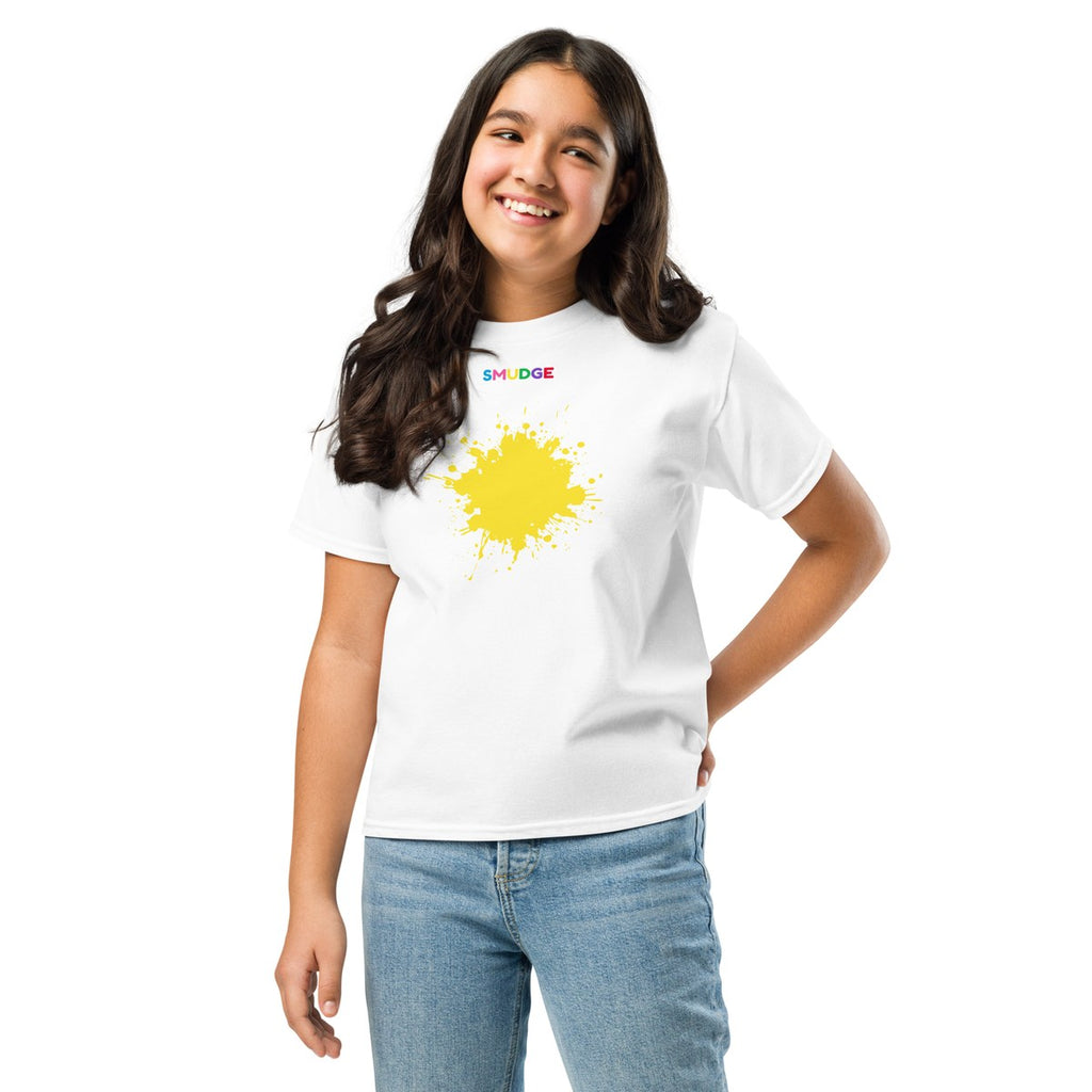 Child wearing the Yellow Splash youth T-shirt, front view