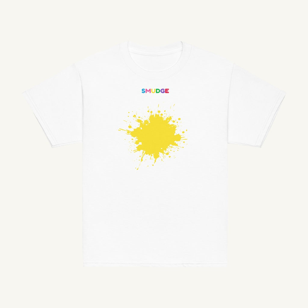 White youth T-shirt with the Yellow Splash design, front view
