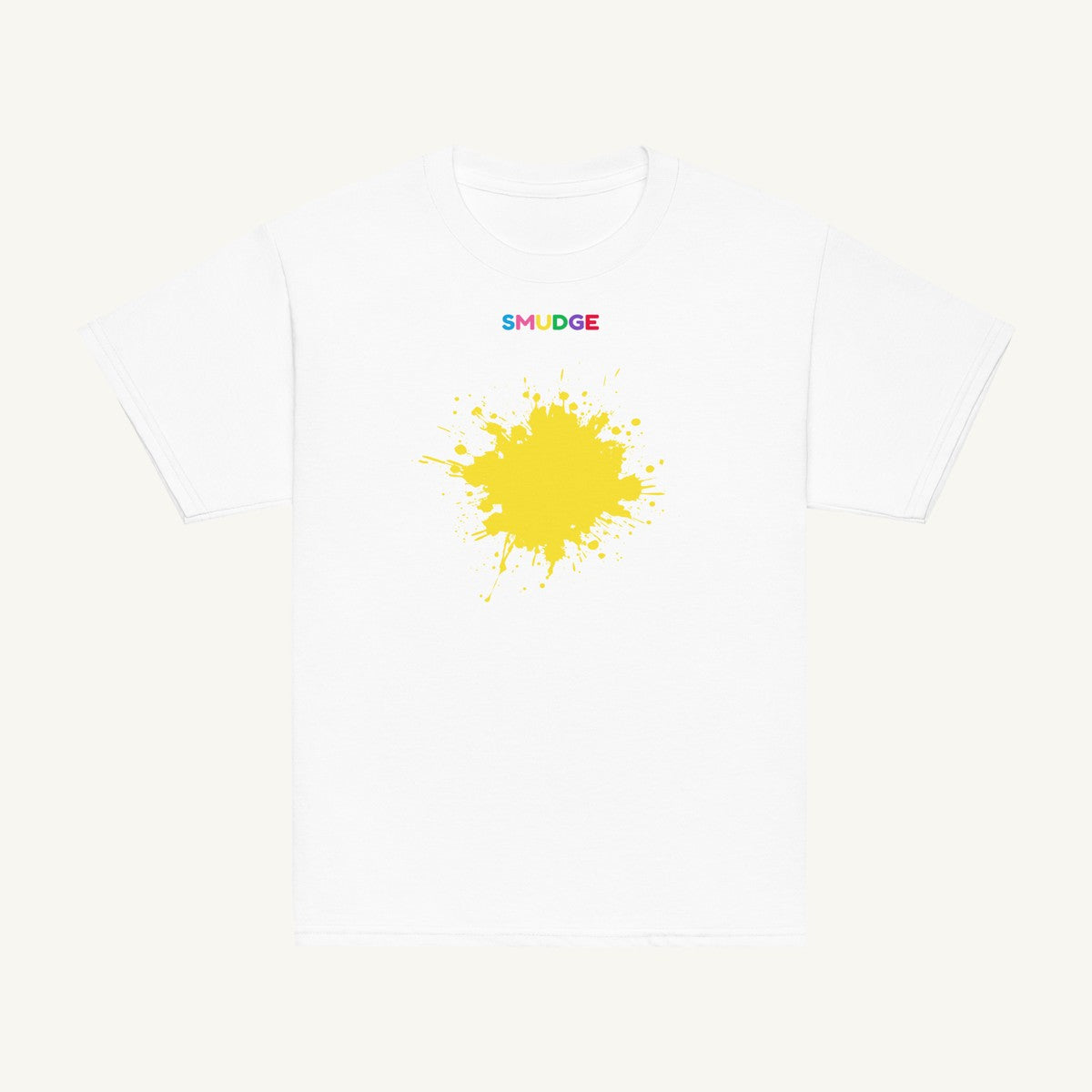 White youth T-shirt with the Yellow Splash design, front view