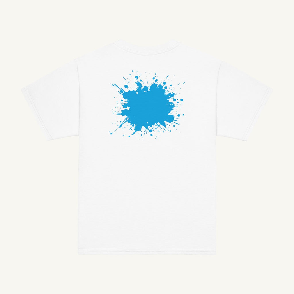 White youth T-shirt with the Cyan Back Splash design, back view