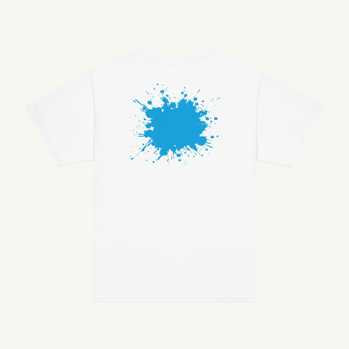 White youth T-shirt with the Cyan Back Splash design, back view