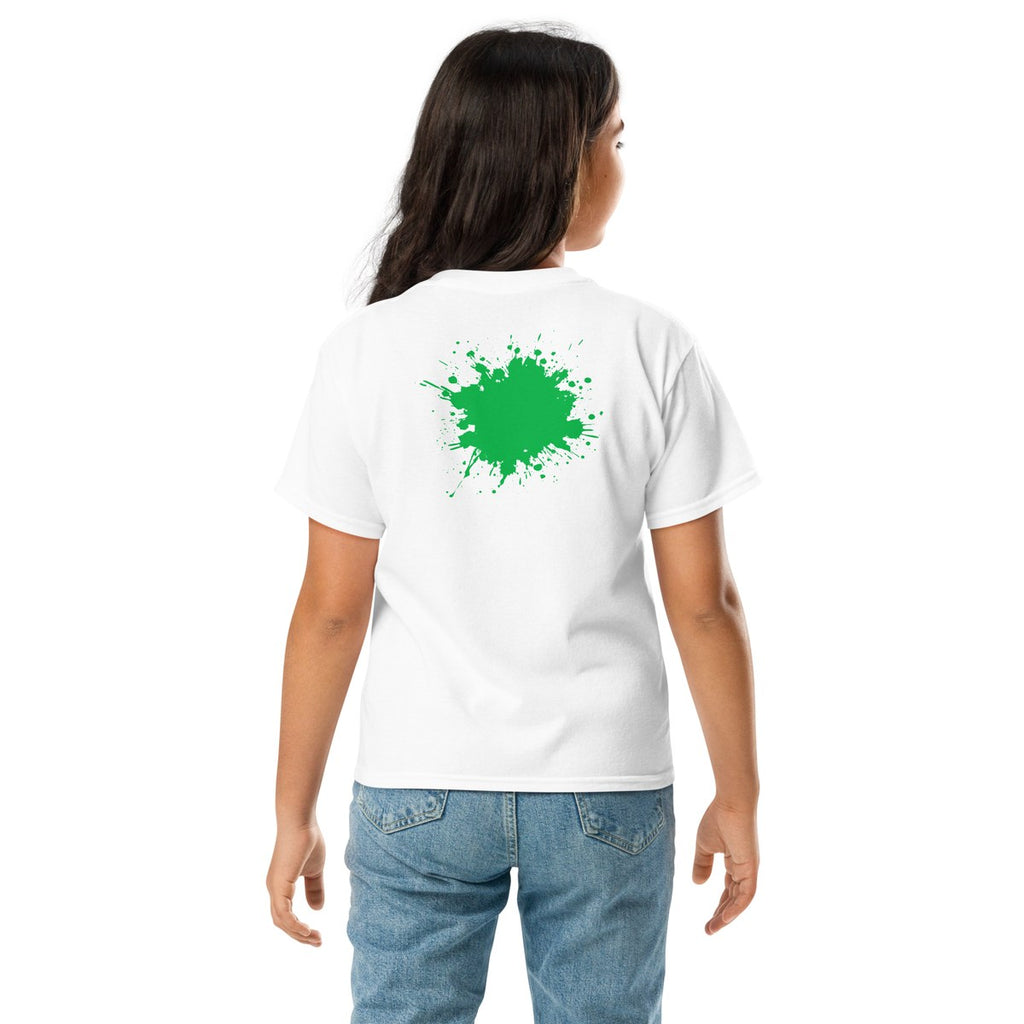 Child wearing the Green Back Splash youth T-shirt, back view