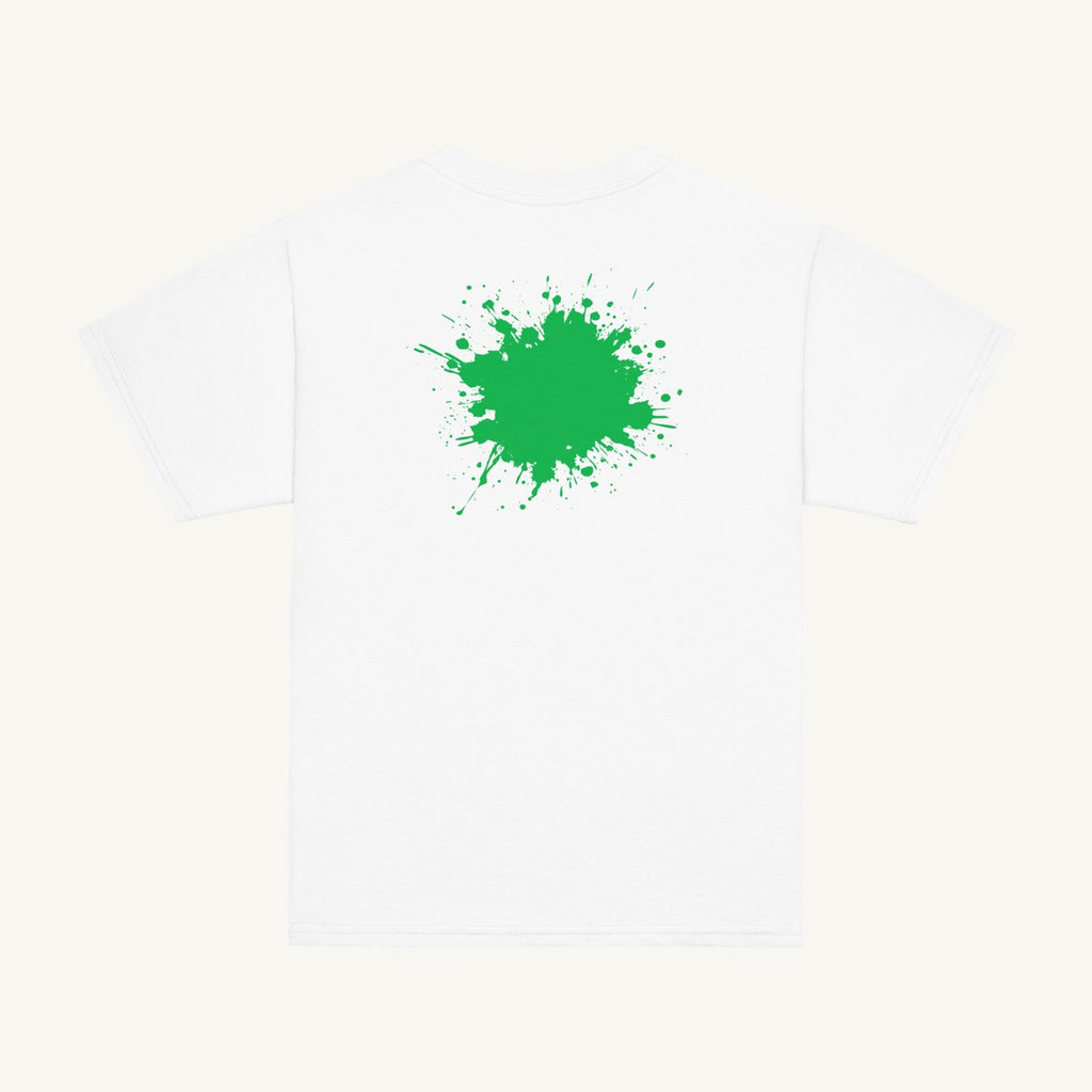 White youth T-shirt with the Green Back Splash design, back view