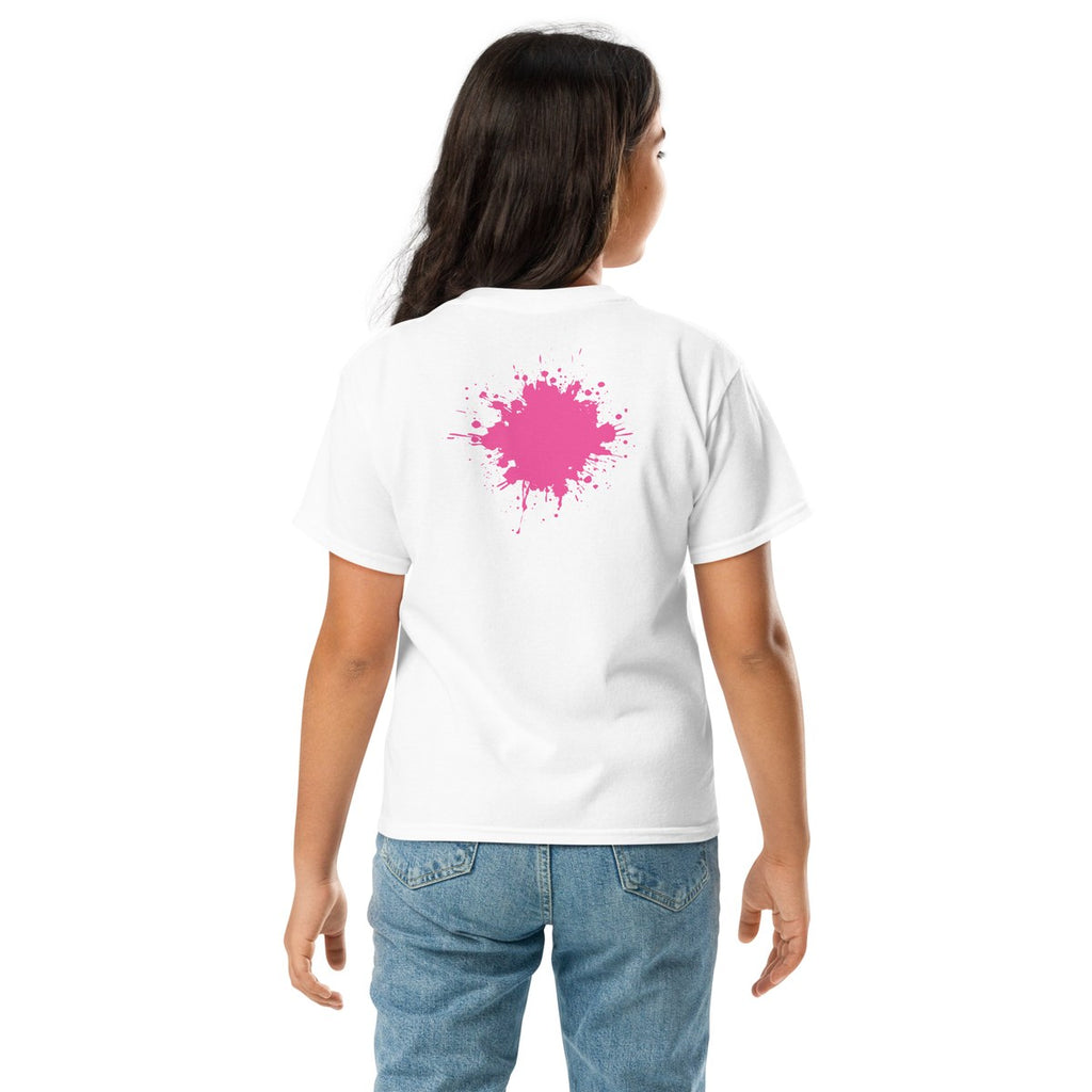 Child wearing the Pink Back Splash youth T-shirt, back view