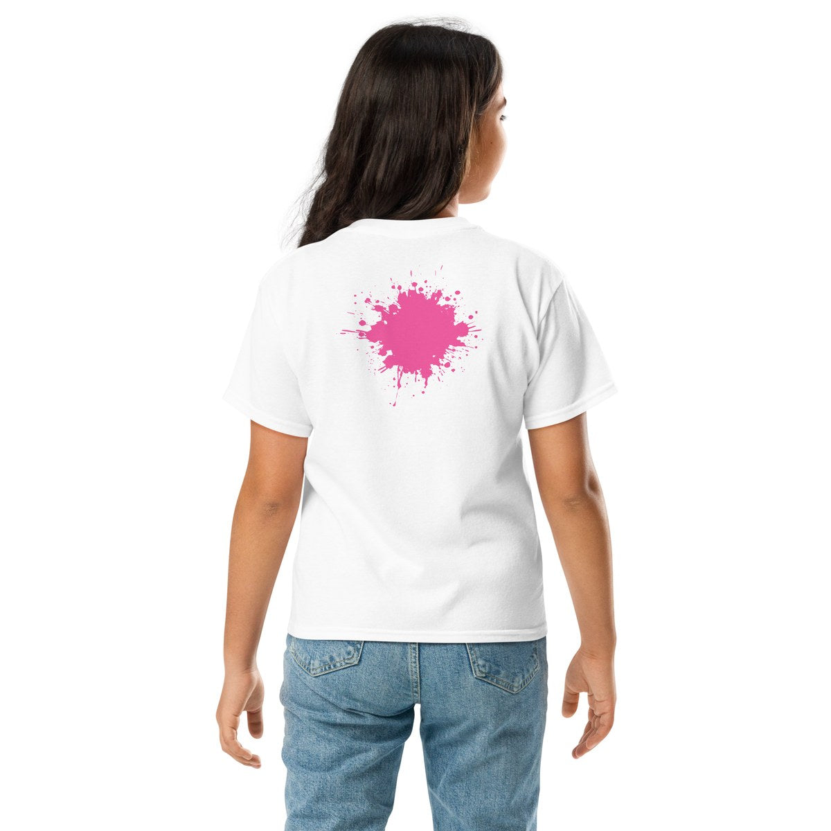 Child wearing the Pink Back Splash youth T-shirt, back view