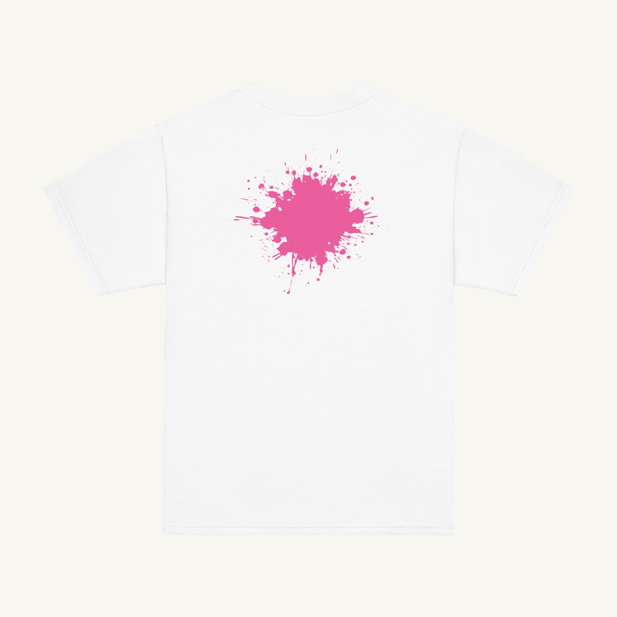 White youth T-shirt with the Pink Back Splash design, back view