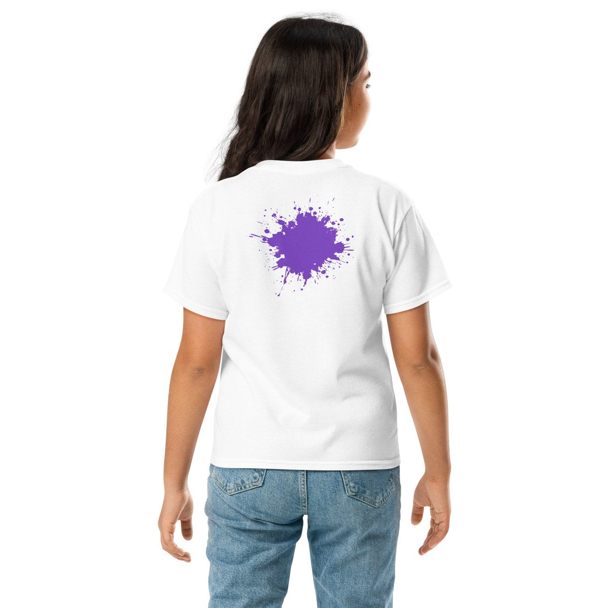 Child wearing the Purple Back Splash youth T-shirt, back view