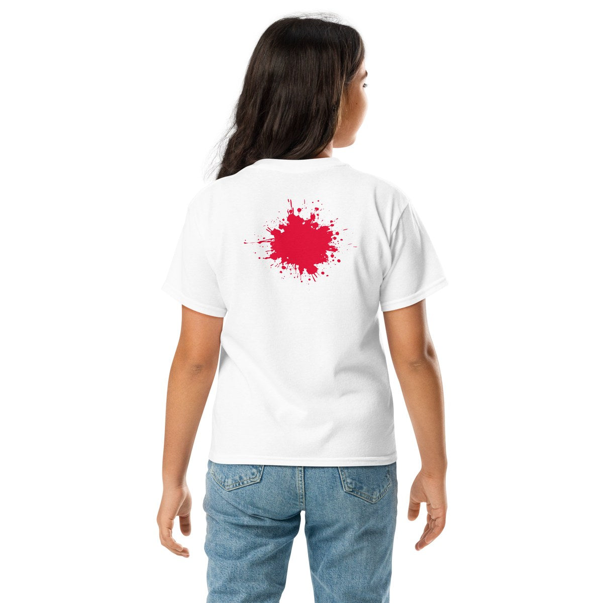 Child wearing the Red Back Splash youth T-shirt, back view