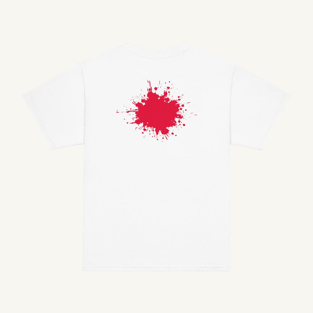 White youth T-shirt with the Red Back Splash design, back view