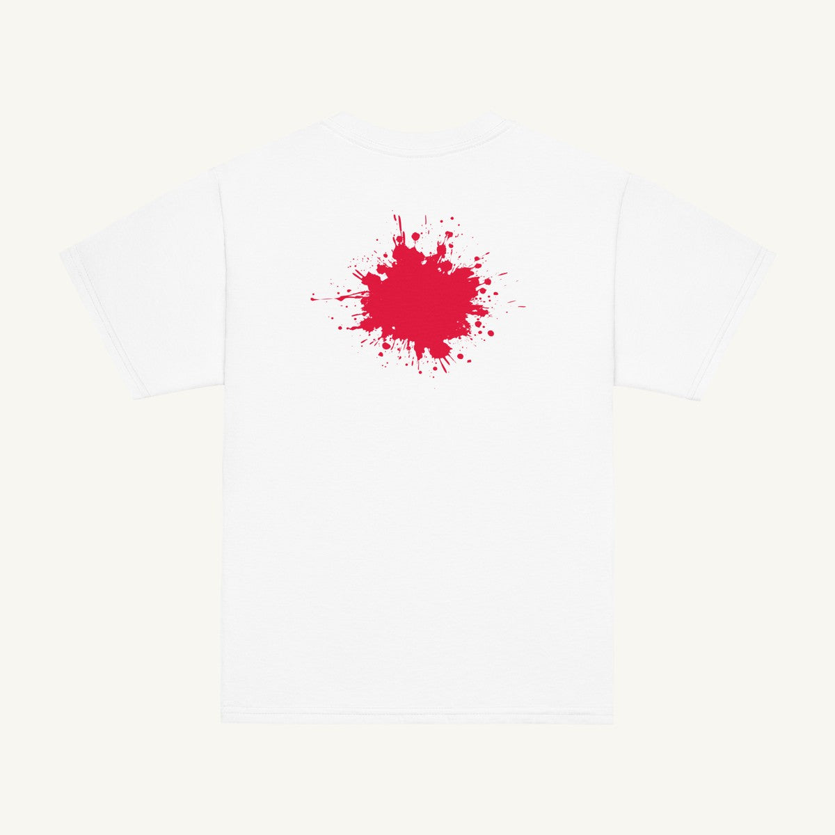 White youth T-shirt with the Red Back Splash design, back view