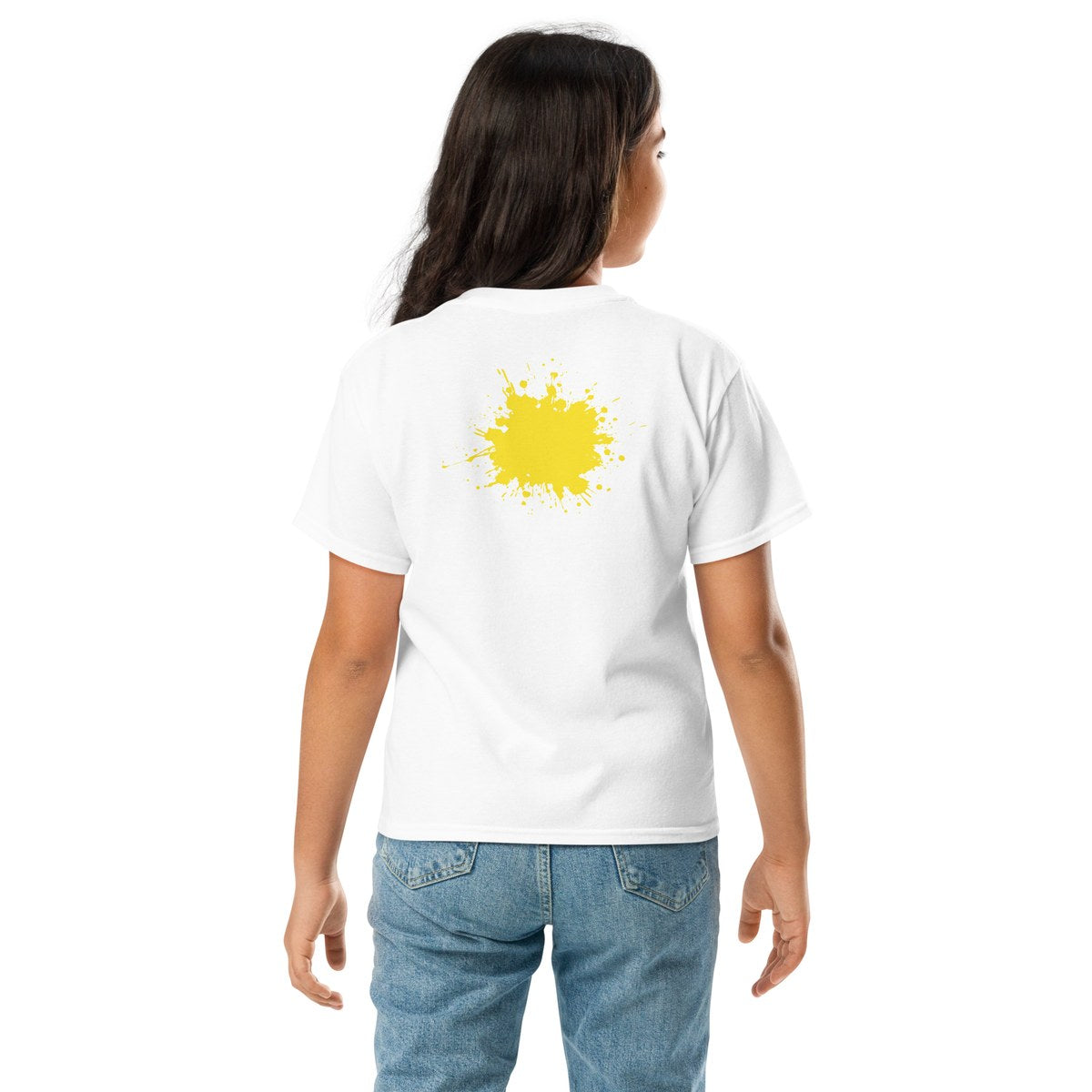 Child wearing the Yellow Back Splash youth T-shirt, back view