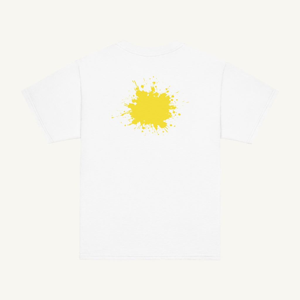 White youth T-shirt with the Yellow Back Splash design, back view